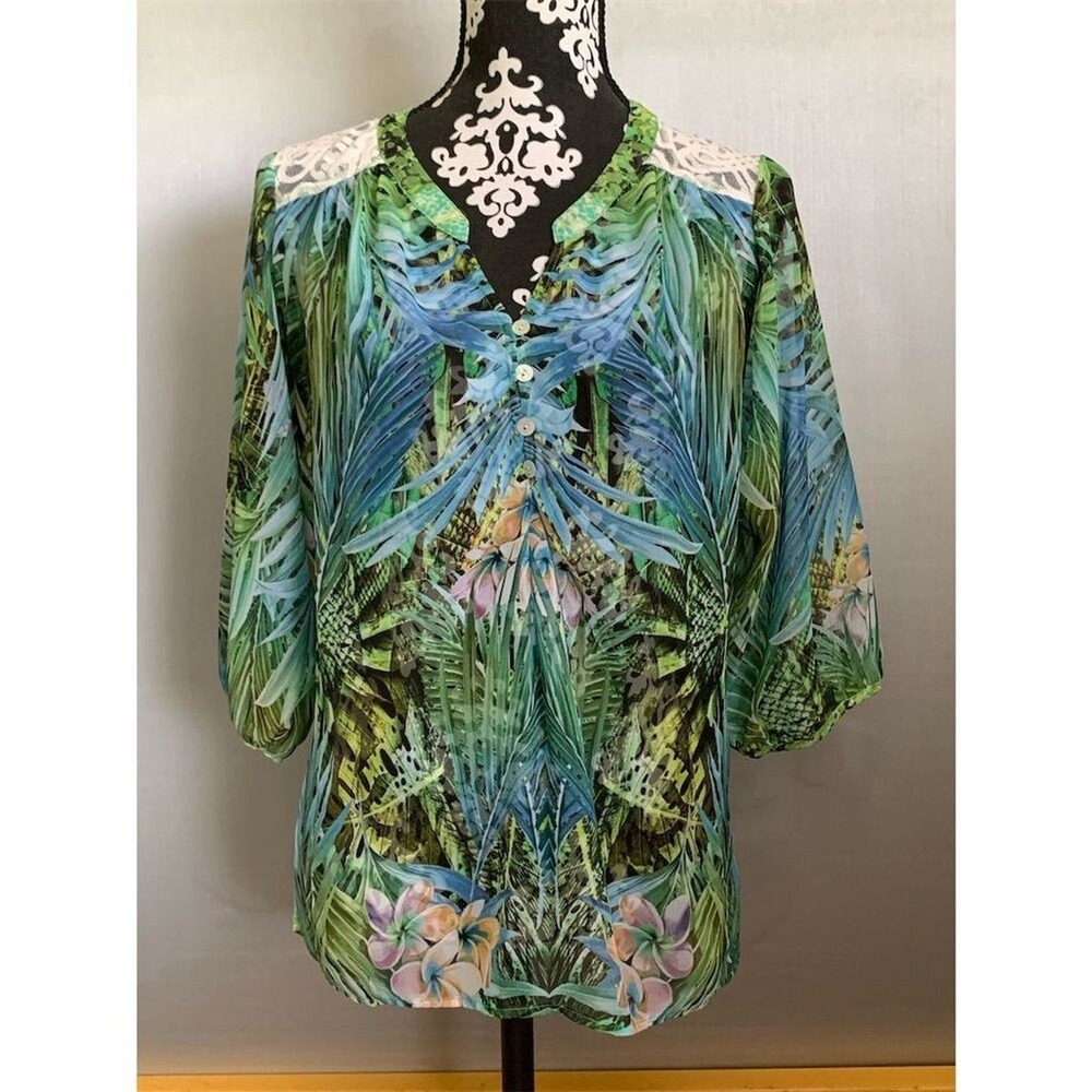 Figueroa‎ & Flower Women's M Floral Lace Semi-Sheer Blouse Long Sleeve